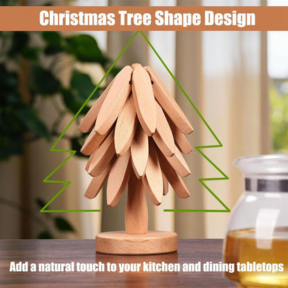 Christmas Tree Trivet Set - 4 Wooden Trivets & 1 Stand
