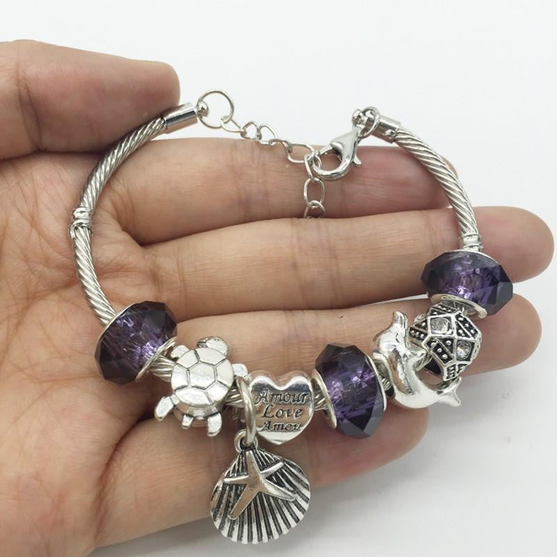Purple Glass Beads Sea Turtle Starfish Dolphin Bracelets - WikiWii