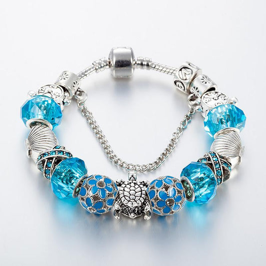 silver plated Sea Turtles beads Blue crystal Charm bracelet - WikiWii